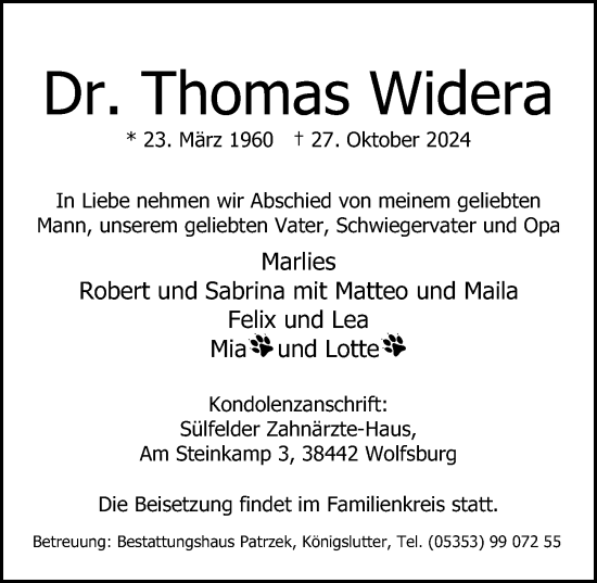 Traueranzeige von Thomas Widera von Aller Zeitung