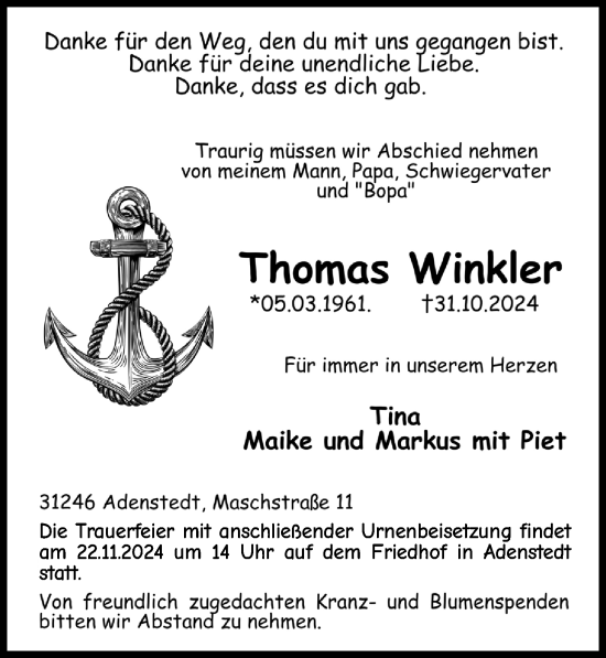 Traueranzeige von Thomas Winkler von Peiner Allgemeine Zeitung