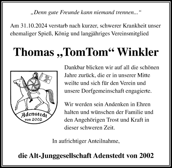 Traueranzeige von Thomas Winkler von Peiner Allgemeine Zeitung