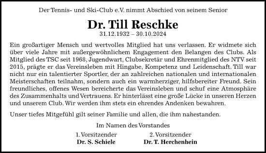 Traueranzeige von Till Reschke von Göttinger Tageblatt