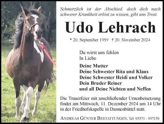 Traueranzeige von Udo Lehrach von Aller Zeitung