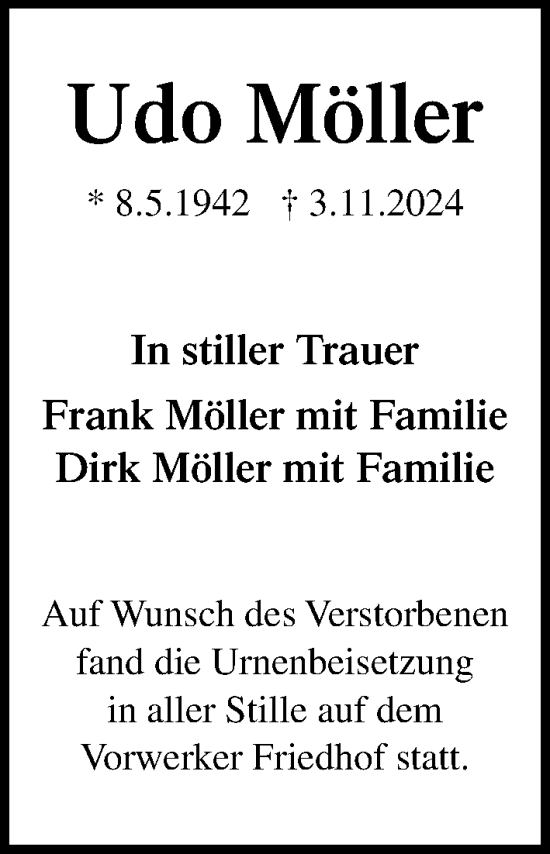 Traueranzeige von Udo Möller von Lübecker Nachrichten