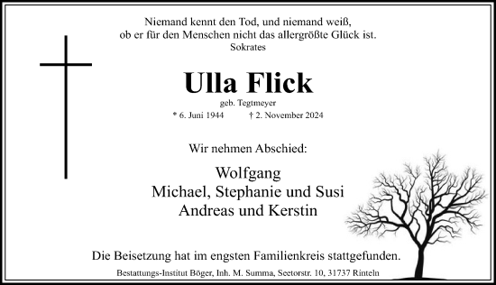 Traueranzeige von Ulla Flick von Schaumburger Nachrichten und Schaumburger Zeitung/ Landes-Zeitung