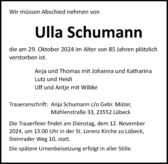 Traueranzeige von Ulla Schumann von Lübecker Nachrichten