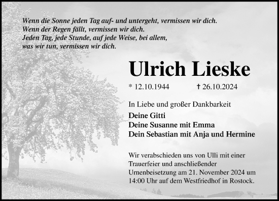 Traueranzeige von Ulrich Lieske von Ostsee-Zeitung GmbH