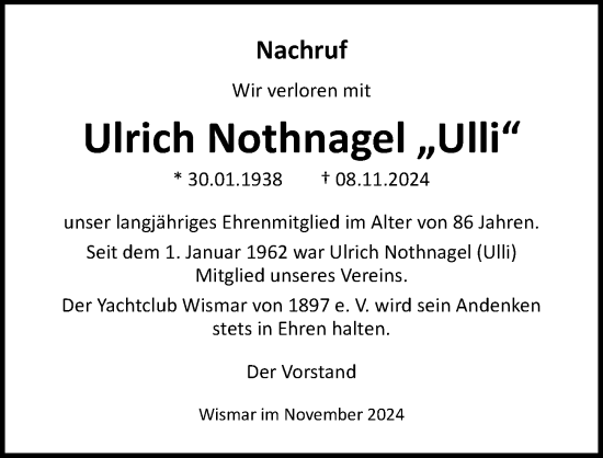 Traueranzeige von Ulrich Nothnagel von Ostsee-Zeitung GmbH