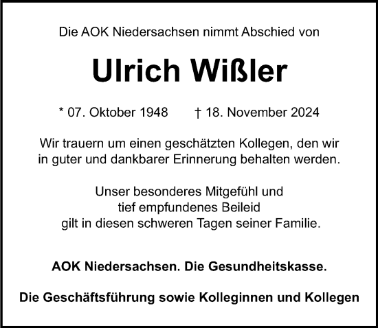 Traueranzeige von Ulrich Wißler von Göttinger Tageblatt