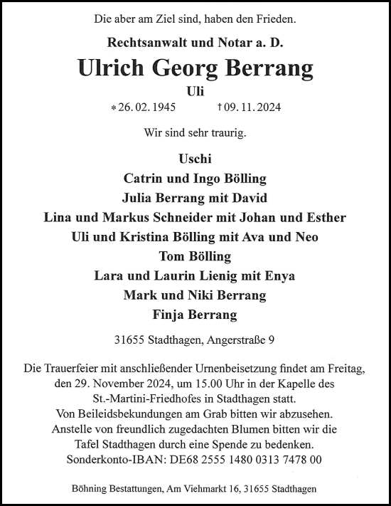 Traueranzeige von Ulrich Georg Berrang von Schaumburger Nachrichten