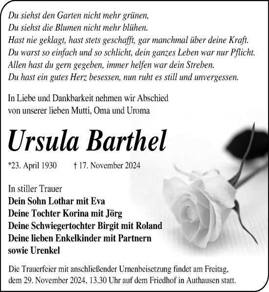 Traueranzeige von Ursula Barthel von Leipziger Volkszeitung