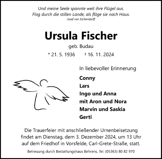 Traueranzeige von Ursula Fischer von Aller Zeitung