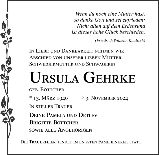 Traueranzeige von Ursula Gehrke von Lübecker Nachrichten