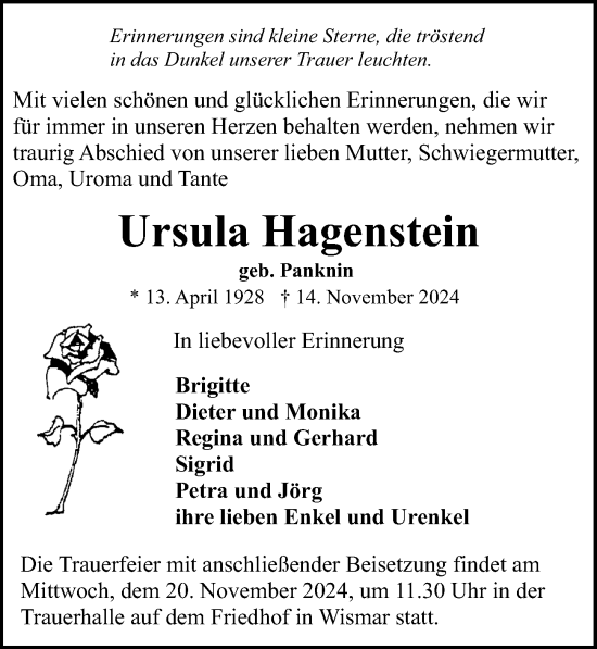 Traueranzeige von Ursula Hagenstein von Ostsee-Zeitung GmbH