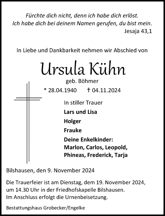 Traueranzeige von Ursula Kühn von Göttinger Tageblatt