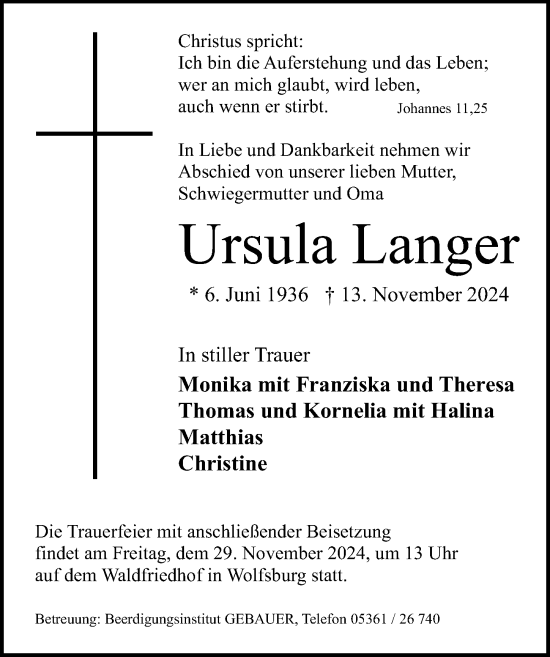 Traueranzeige von Ursula Langer von Aller Zeitung