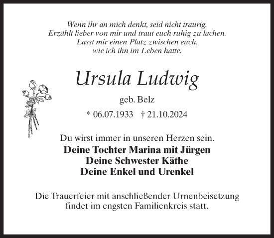 Traueranzeige von Ursula Ludwig von Märkischen Allgemeine Zeitung