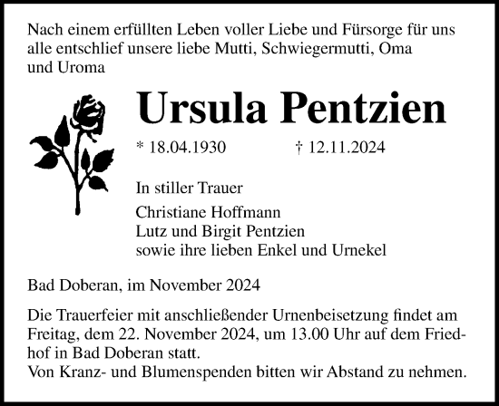 Traueranzeige von Ursula Pentzien von Ostsee-Zeitung GmbH