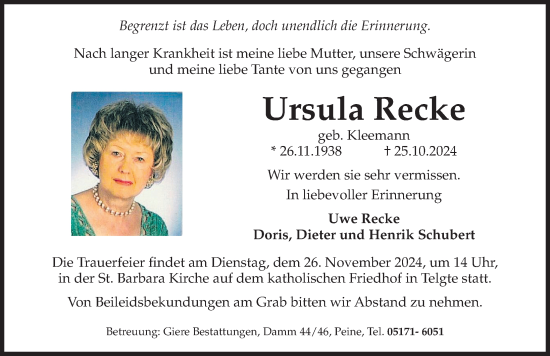 Traueranzeige von Ursula Recke von Peiner Allgemeine Zeitung