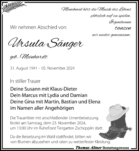 Traueranzeige von Ursula Sänger von Leipziger Volkszeitung