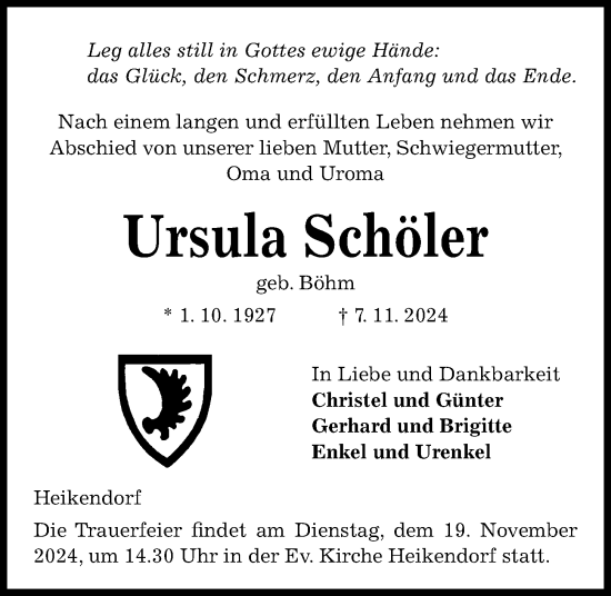 Traueranzeige von Ursula Schöler von Kieler Nachrichten