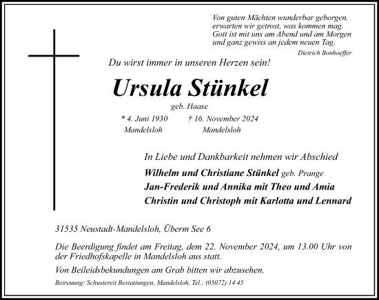 Traueranzeige von Ursula Stünkel von Hannoversche Allgemeine Zeitung/Neue Presse