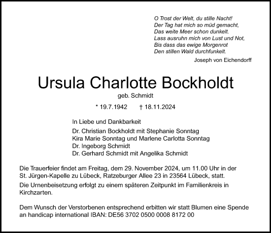 Traueranzeige von Ursula Charlotte Bockholdt von Lübecker Nachrichten