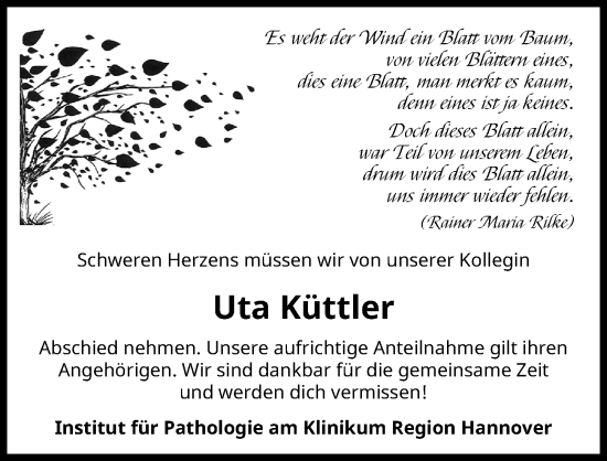 Traueranzeige von Uta Küttler von Hannoversche Allgemeine Zeitung/Neue Presse