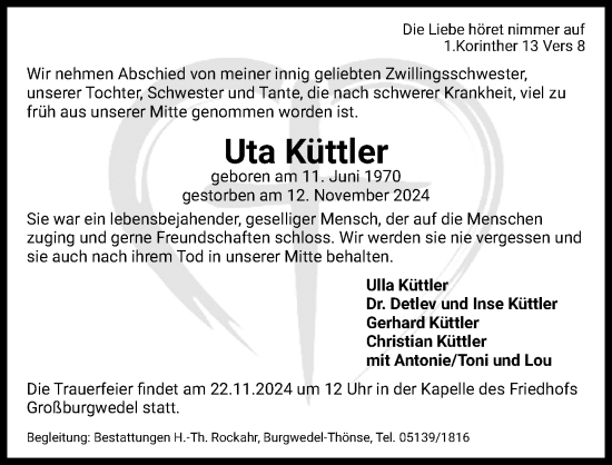 Traueranzeige von Uta Küttler von Hannoversche Allgemeine Zeitung/Neue Presse