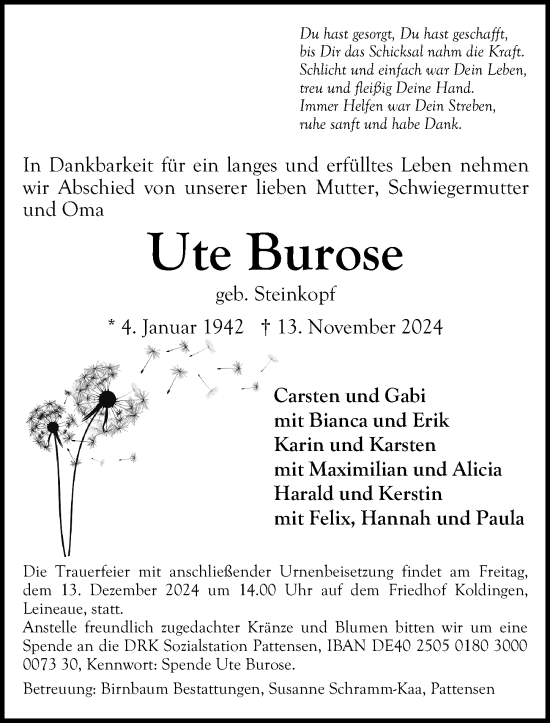 Traueranzeige von Ute Burose von Hannoversche Allgemeine Zeitung/Neue Presse