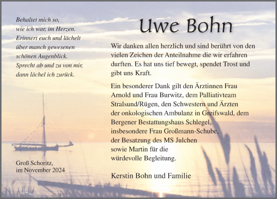 Traueranzeige von Uwe Bohn von Ostsee-Zeitung GmbH