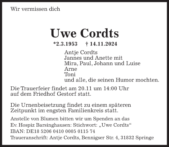 Traueranzeige von Uwe Cordts von Hannoversche Allgemeine Zeitung/Neue Presse