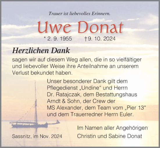 Traueranzeige von Uwe Donat von Ostsee-Zeitung GmbH