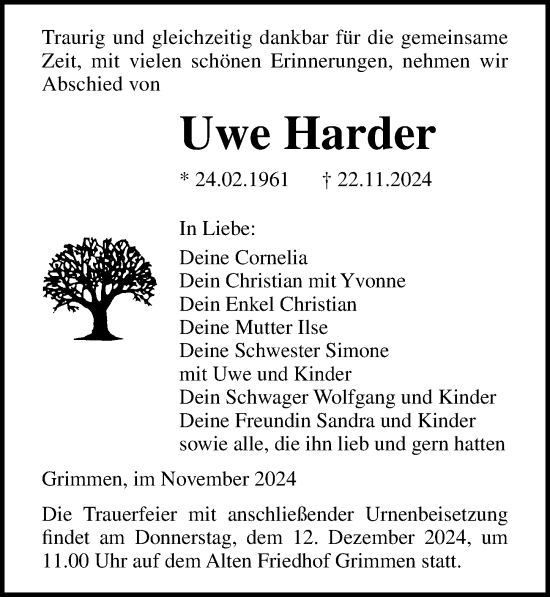 Traueranzeige von Uwe Harder von Ostsee-Zeitung GmbH