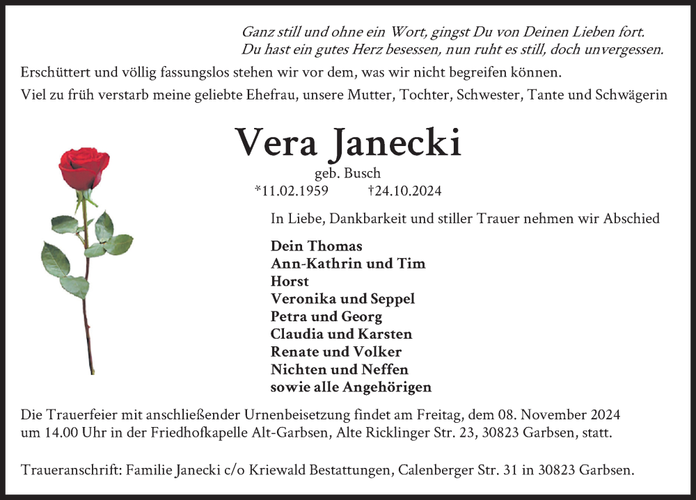  Traueranzeige für Vera Janecki vom 02.11.2024 aus Hannoversche Allgemeine Zeitung/Neue Presse