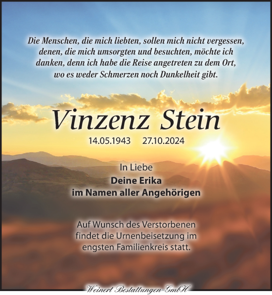 Traueranzeige von Vinzenz Stein von Torgauer Zeitung