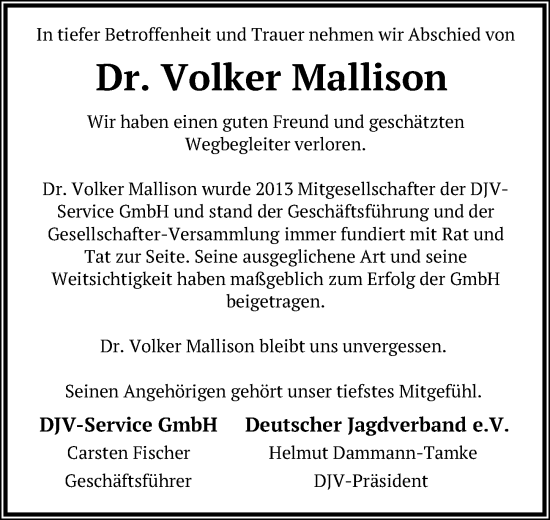 Traueranzeige von Volker Mallison von Göttinger Tageblatt