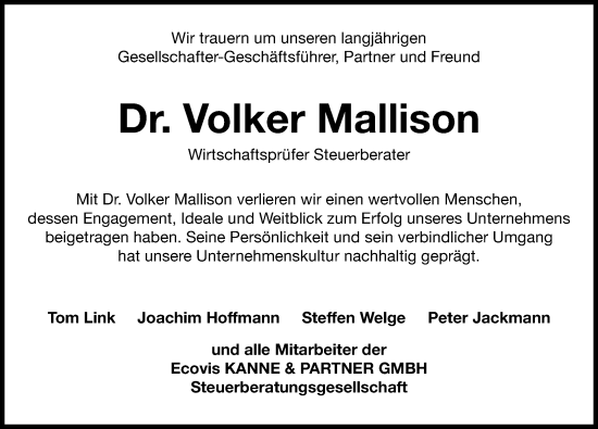 Traueranzeige von Volker Mallison von Göttinger Tageblatt