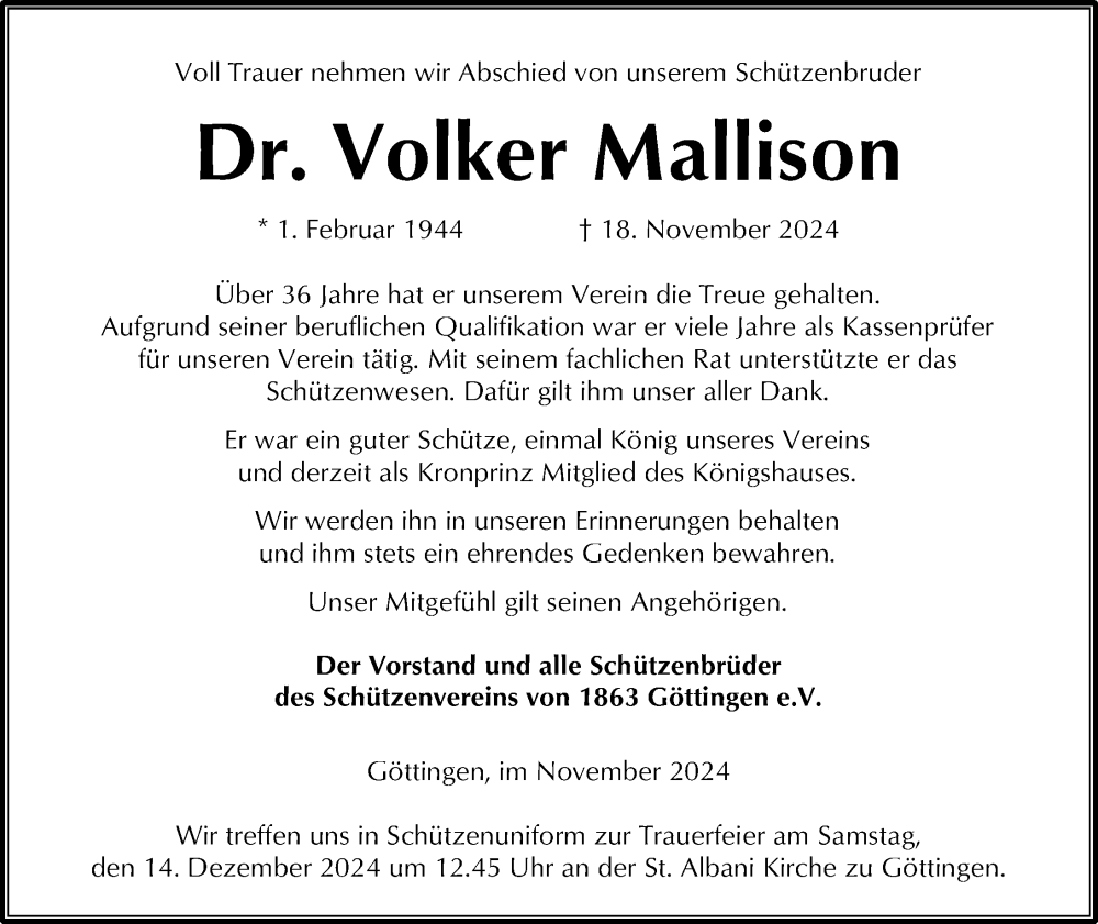  Traueranzeige für Volker Mallison vom 23.11.2024 aus Göttinger Tageblatt