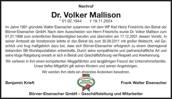 Traueranzeige von Volker Mallison von Göttinger Tageblatt