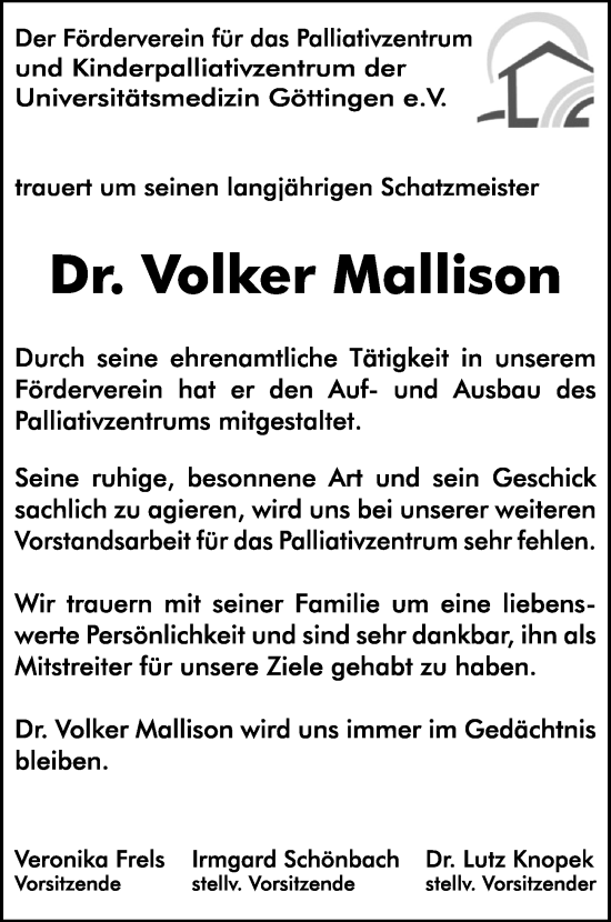 Traueranzeige von Volker Mallison von Göttinger Tageblatt