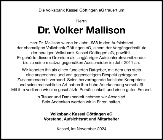 Traueranzeige von Volker Mallison von Göttinger Tageblatt