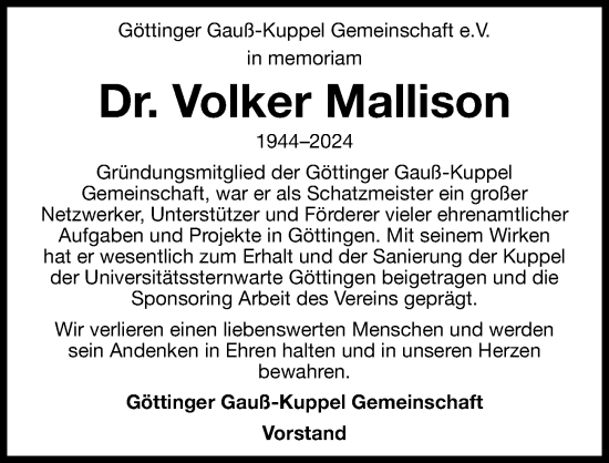 Traueranzeige von Volker Mallison von Göttinger Tageblatt