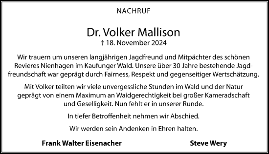 Traueranzeige von Volker Mallison von Göttinger Tageblatt