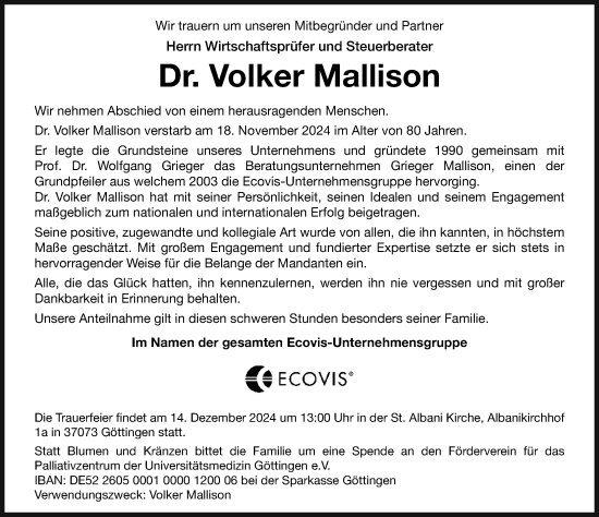 Traueranzeige von Volker Mallison von Göttinger Tageblatt