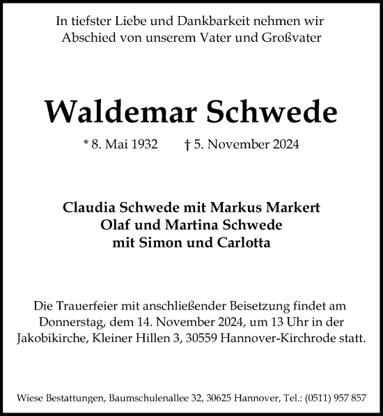 Traueranzeige von Waldemar Schwede von Hannoversche Allgemeine Zeitung/Neue Presse