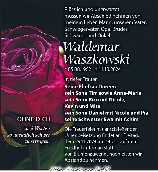 Traueranzeige von Waldemar Waszkowski von Torgauer Zeitung