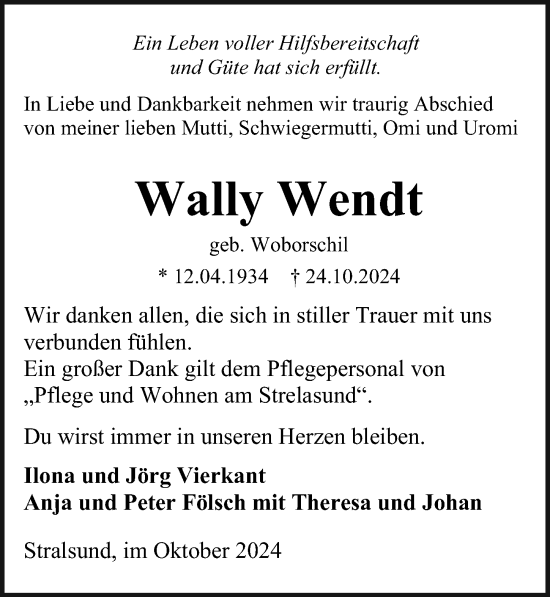 Traueranzeige von Wally Wendt von Ostsee-Zeitung GmbH