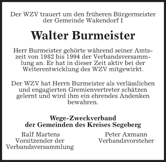 Traueranzeige von Walter Burmeister von Kieler Nachrichten