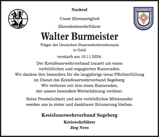 Traueranzeige von Walter Burmeister von Kieler Nachrichten