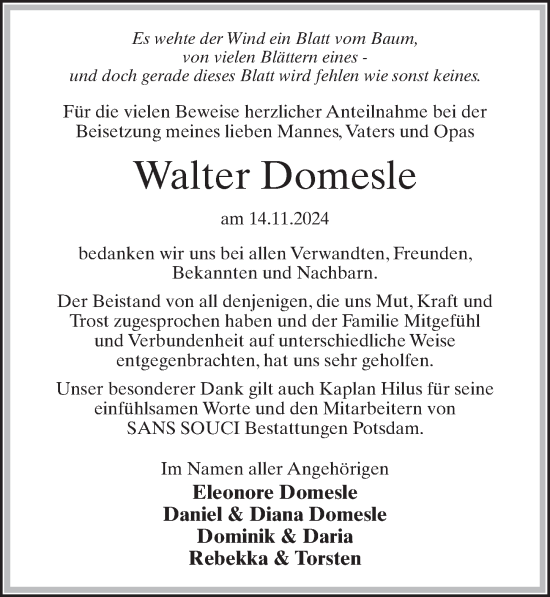 Traueranzeige von Walter Domesle von Märkischen Allgemeine Zeitung