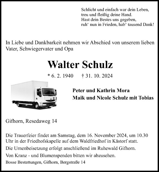 Traueranzeige von Walter Schulz von Aller Zeitung